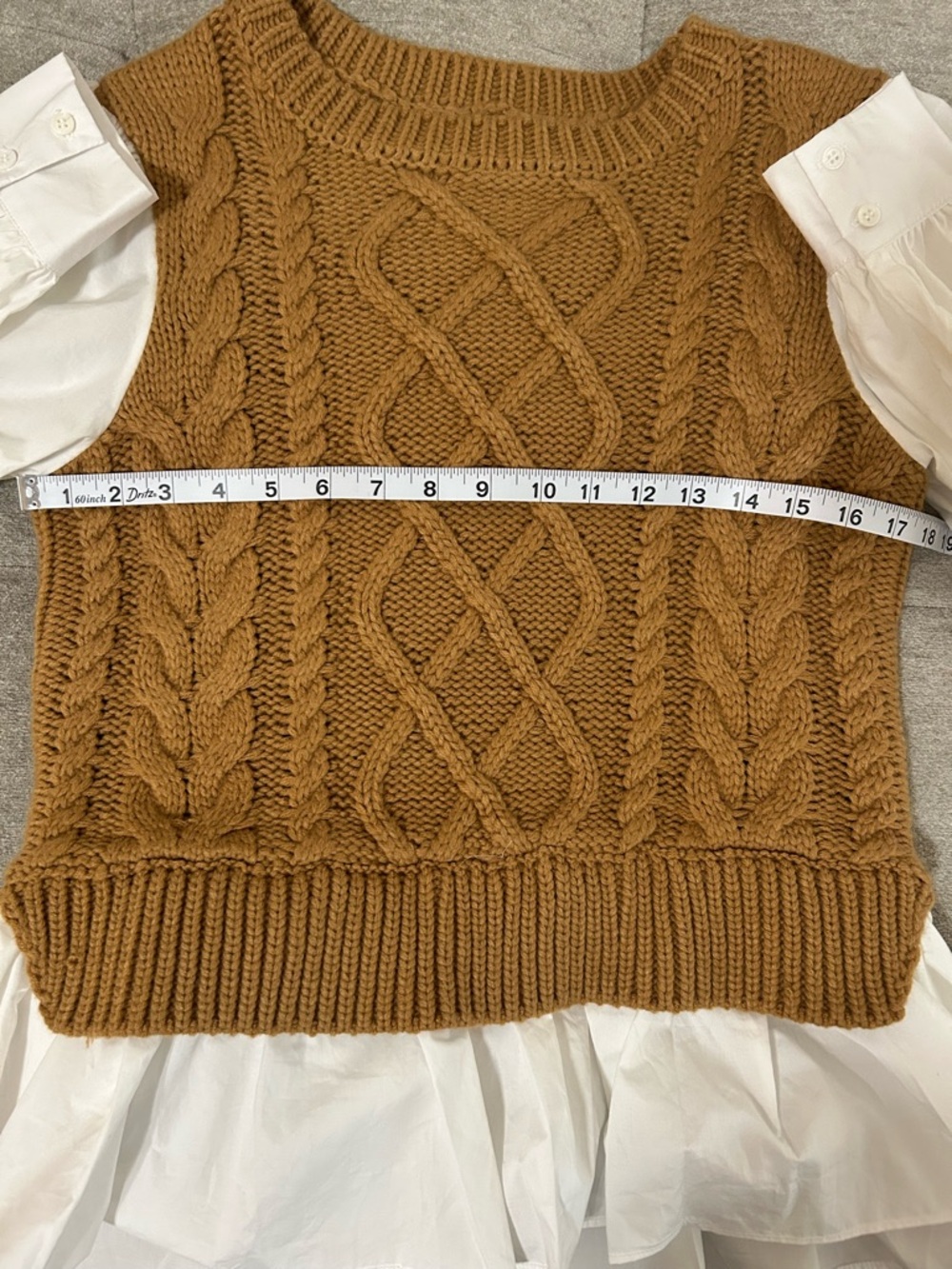 Anthropologie Cable-Knit Crewneck layered Camel Vest & built in white blouse - Picture 5 of 8